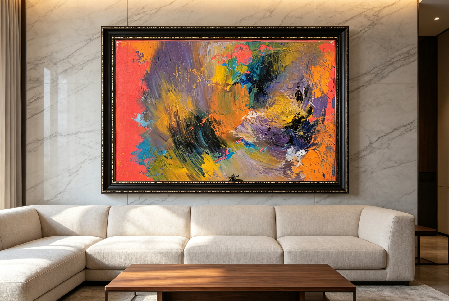 Abstract oil painting with black, gray, red, orange, blue, and teal brushstrokes on a white ground