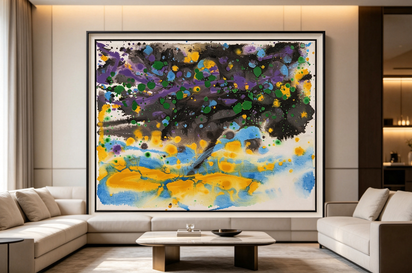 Fluid abstract oil painting with purple, black, gold, and blue washes and dotted accents