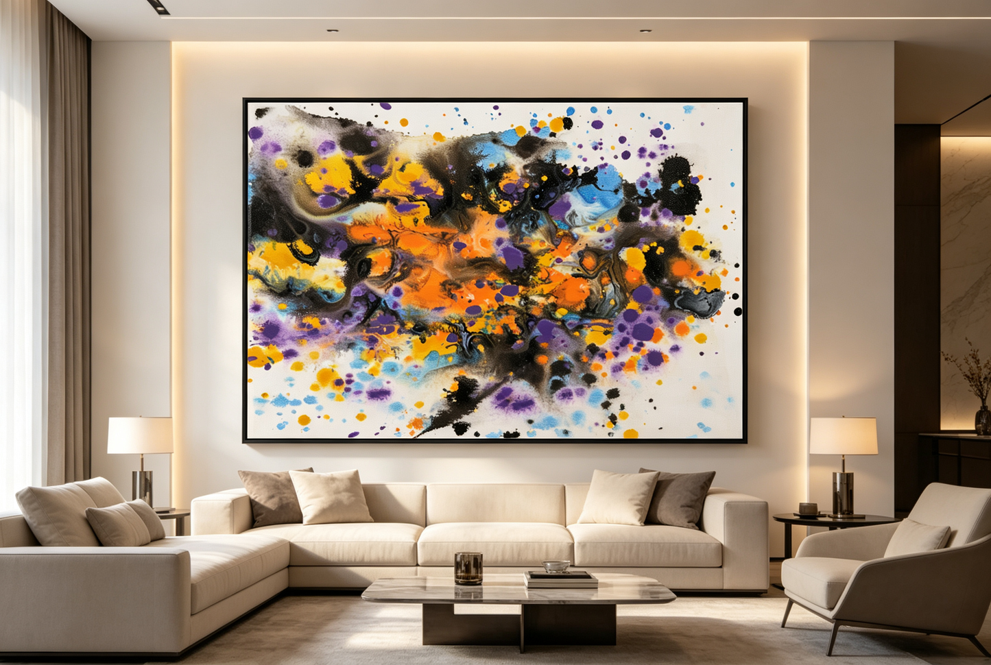 Abstract oil painting with orange and purple splashes and black and blue washes on white