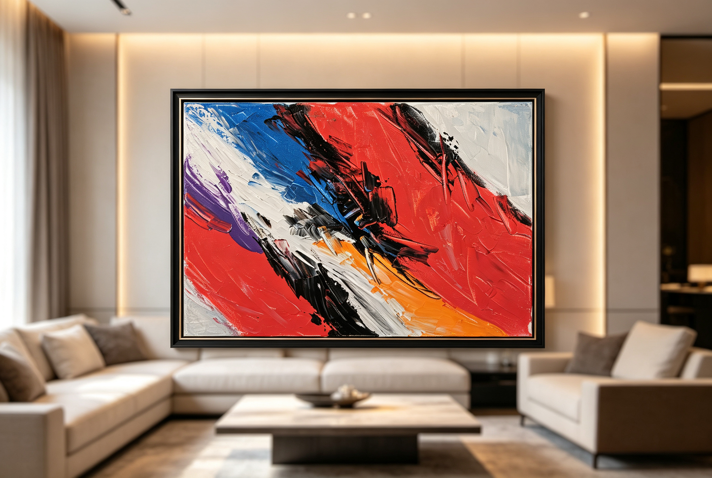 Abstract oil painting with diagonal blue, white and black strokes over a red field
