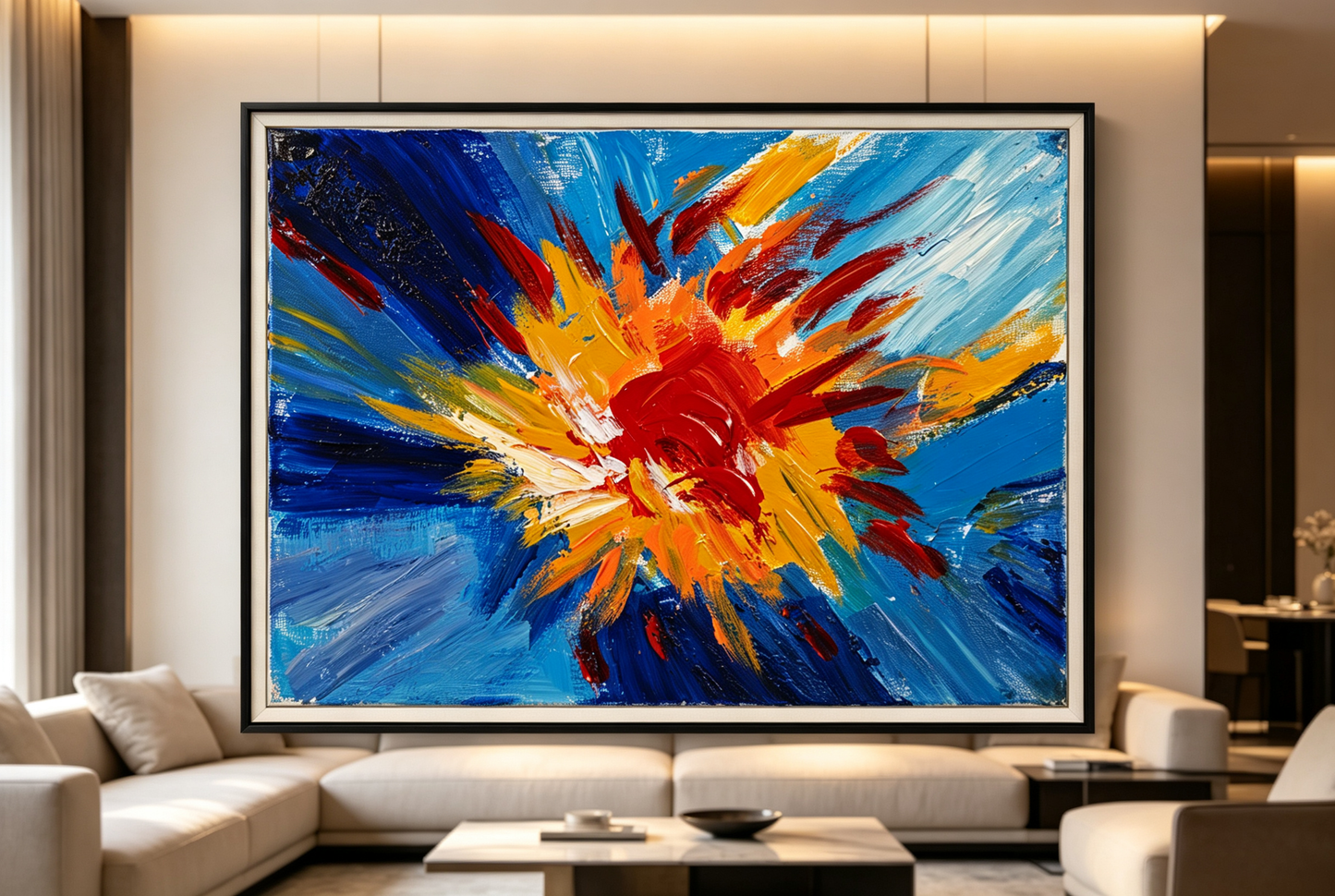 Oil painting of a red, orange and yellow flower-like burst radiating over a blue ground