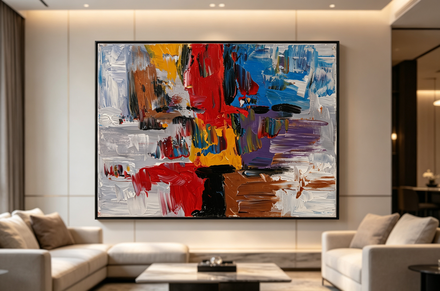 Abstract oil painting with thick red, blue, yellow, and purple color blocks on a gray ground