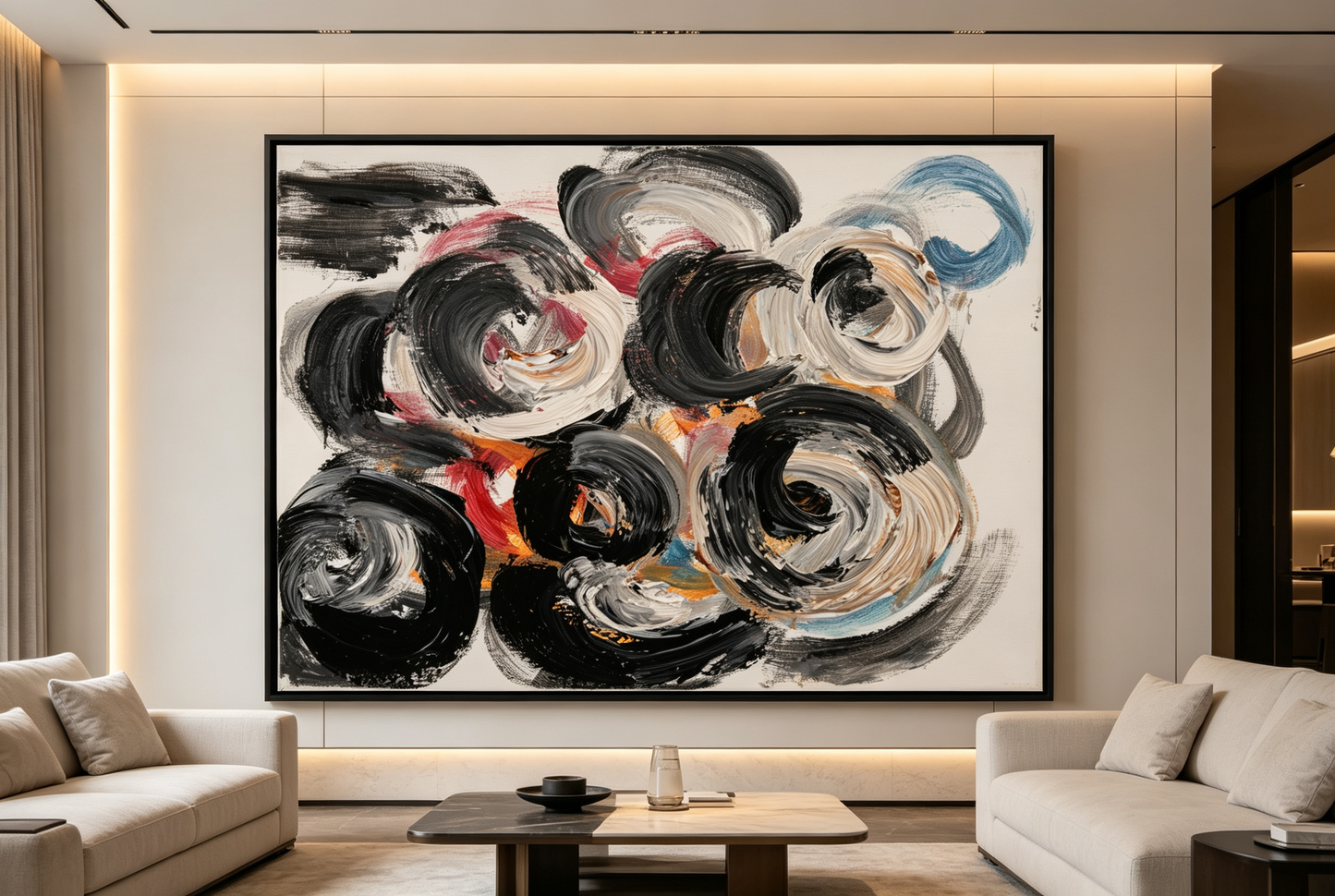 Abstract oil painting with swirling black and white circular strokes and warm orange accents