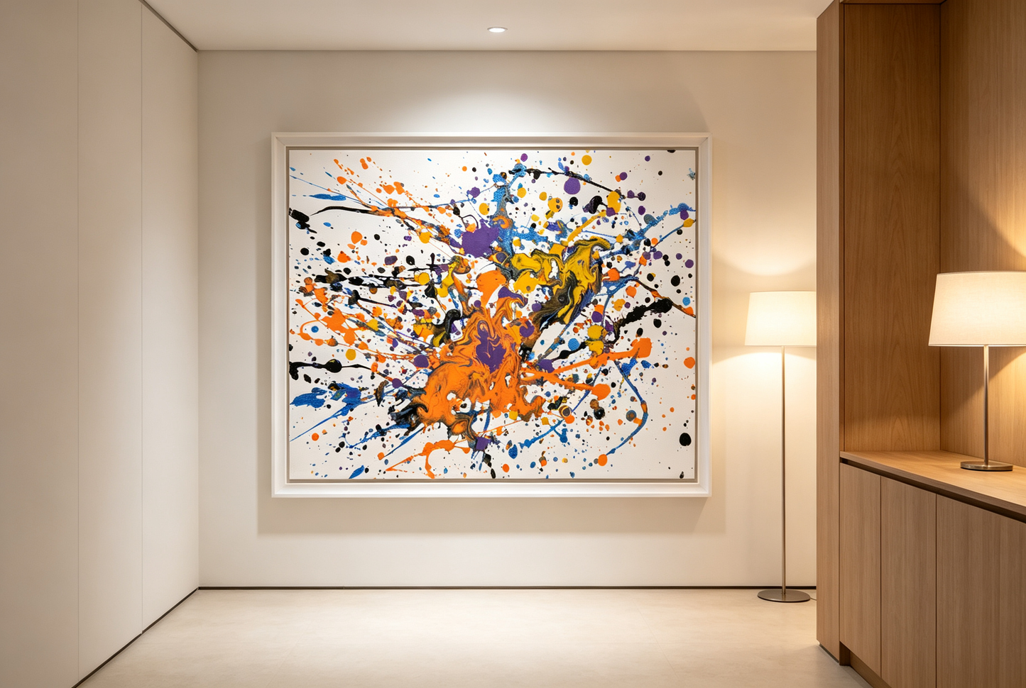 Abstract oil painting with orange, blue, and purple splashes radiating from a marbled center