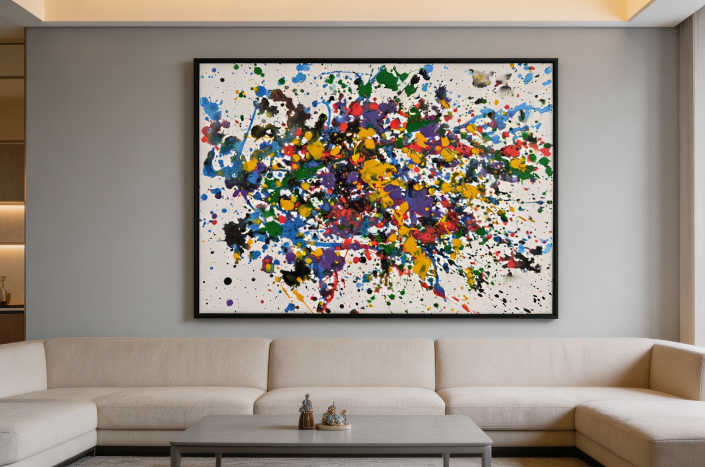 Abstract oil painting with dense multicolor splashes on a white ground