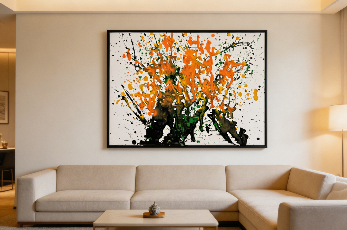 Abstract oil painting with orange splash rising over black and green