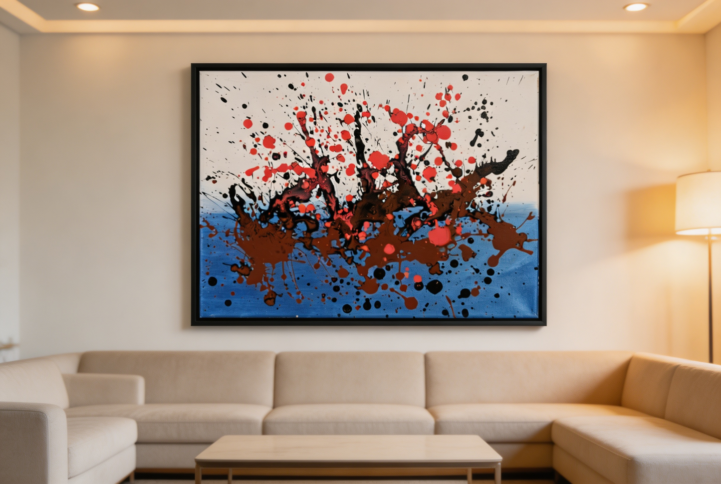 Abstract oil painting with red and black splash over a blue band