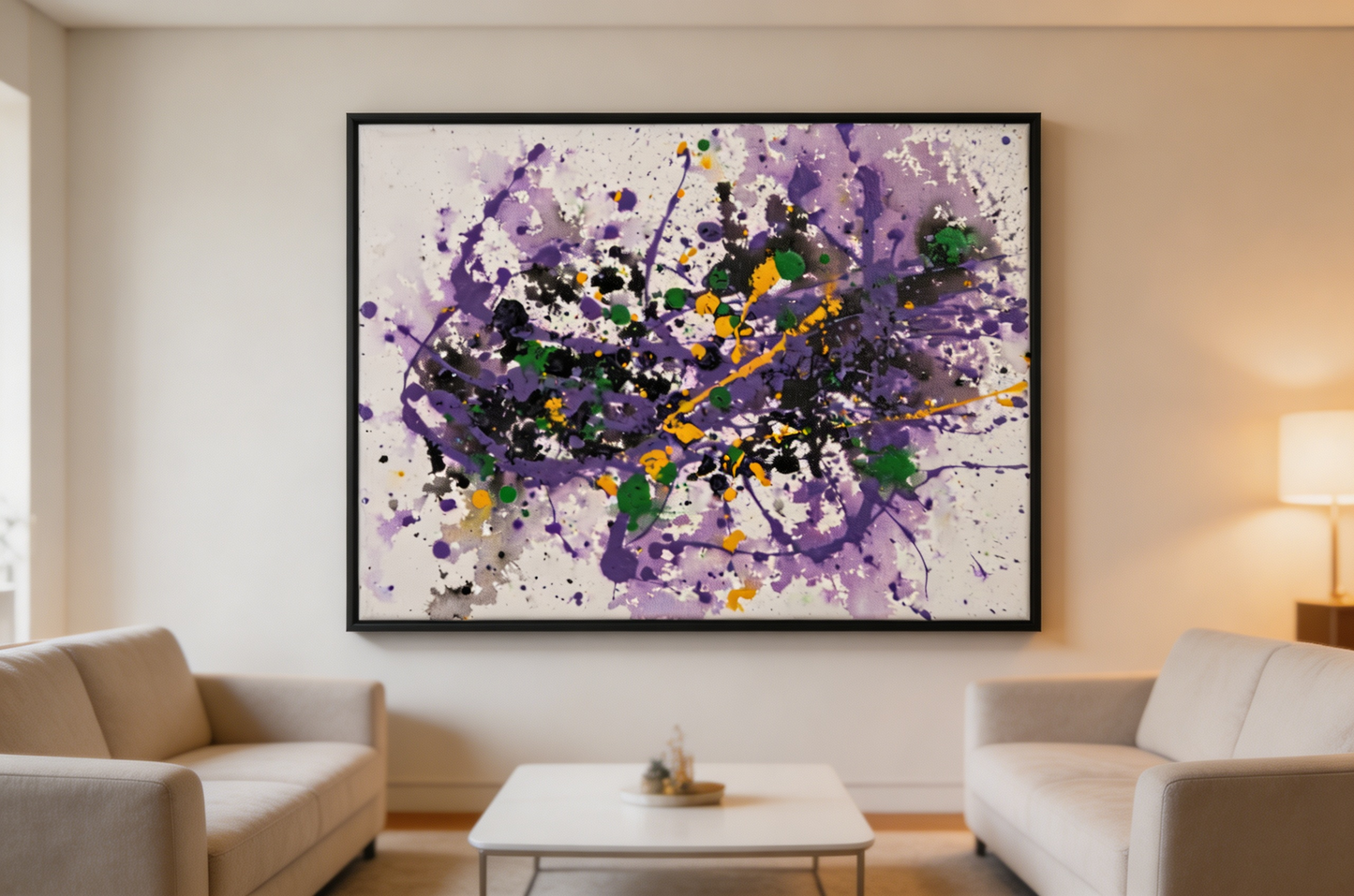 Purple abstract oil painting with swirling splatter and bright accents