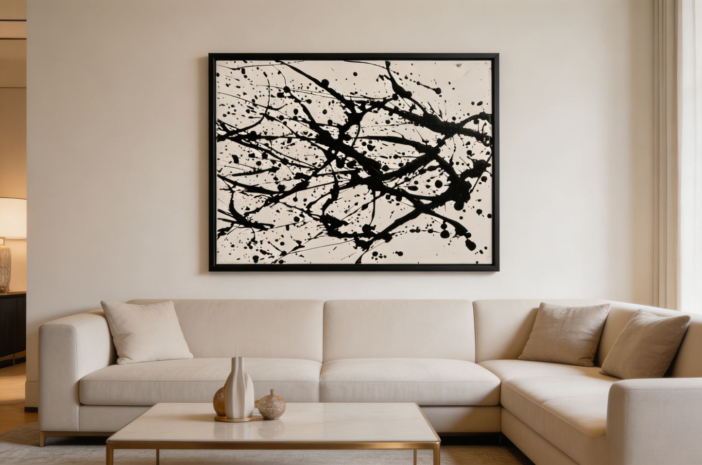 Black and white abstract oil painting with sweeping gestural lines