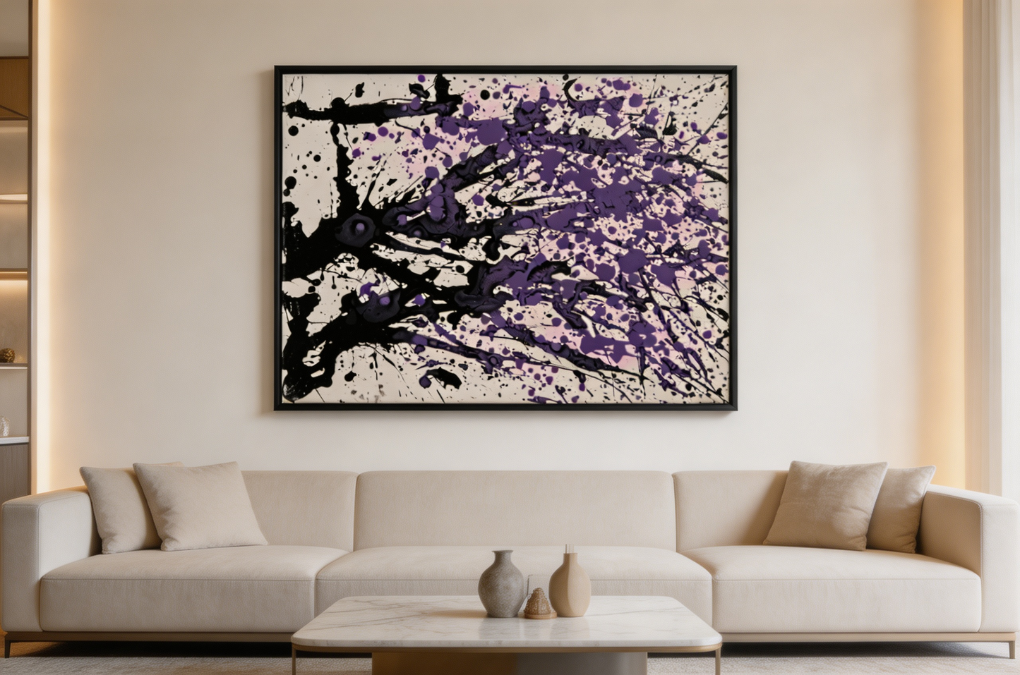 Abstract oil painting with purple splashes and bold black strokes on white background