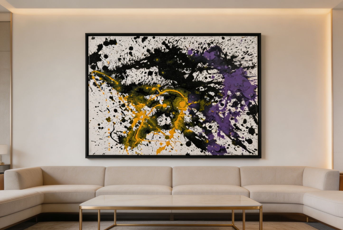 Abstract oil painting with black splashes, golden curves, and purple patches on white