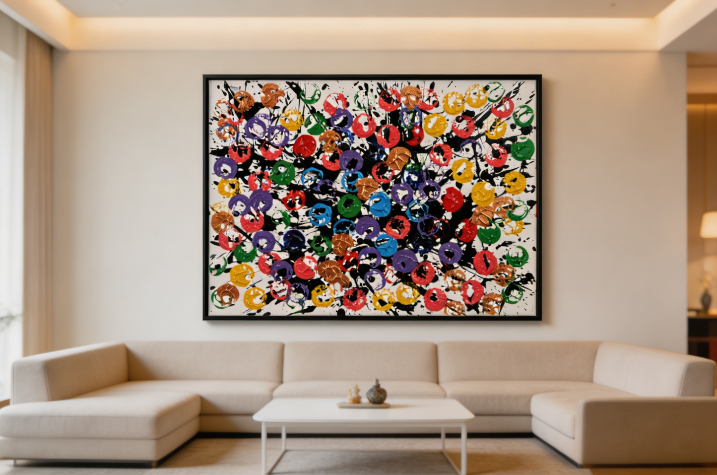 Abstract oil painting with dense multicolored circles and black accents on white background