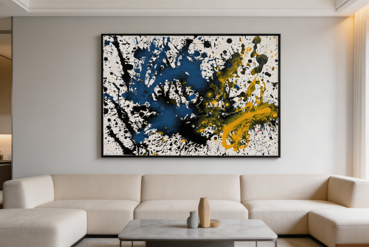 Abstract oil painting with deep blue splashes, golden curves, and black specks on white