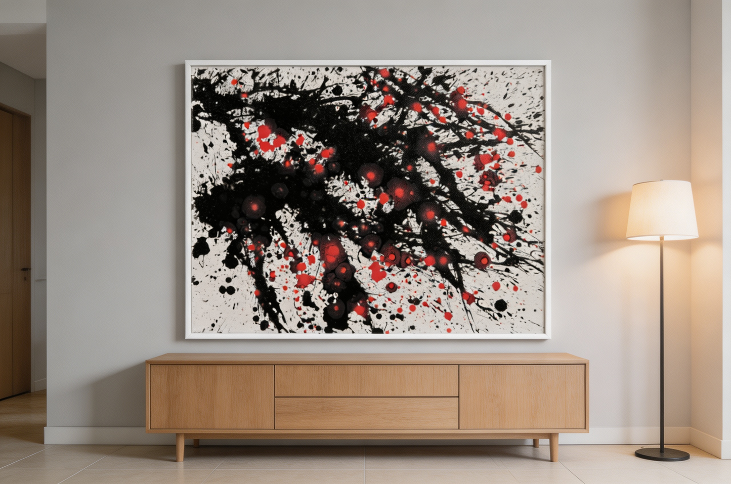 Abstract oil painting with bold black diagonal strokes and scattered red dots on white