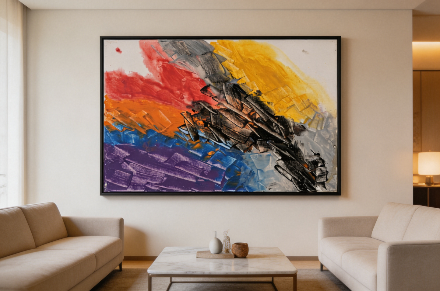 Abstract oil painting with thick black diagonal strokes over red and yellow color blocks