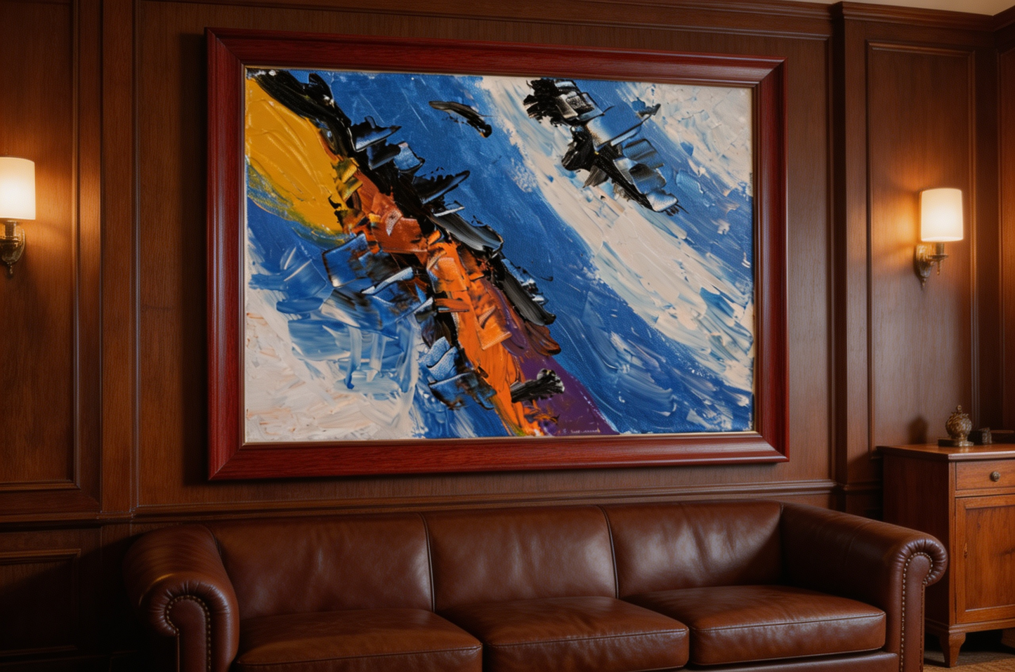 Abstract oil painting with cobalt blue background and bold orange black diagonal strokes