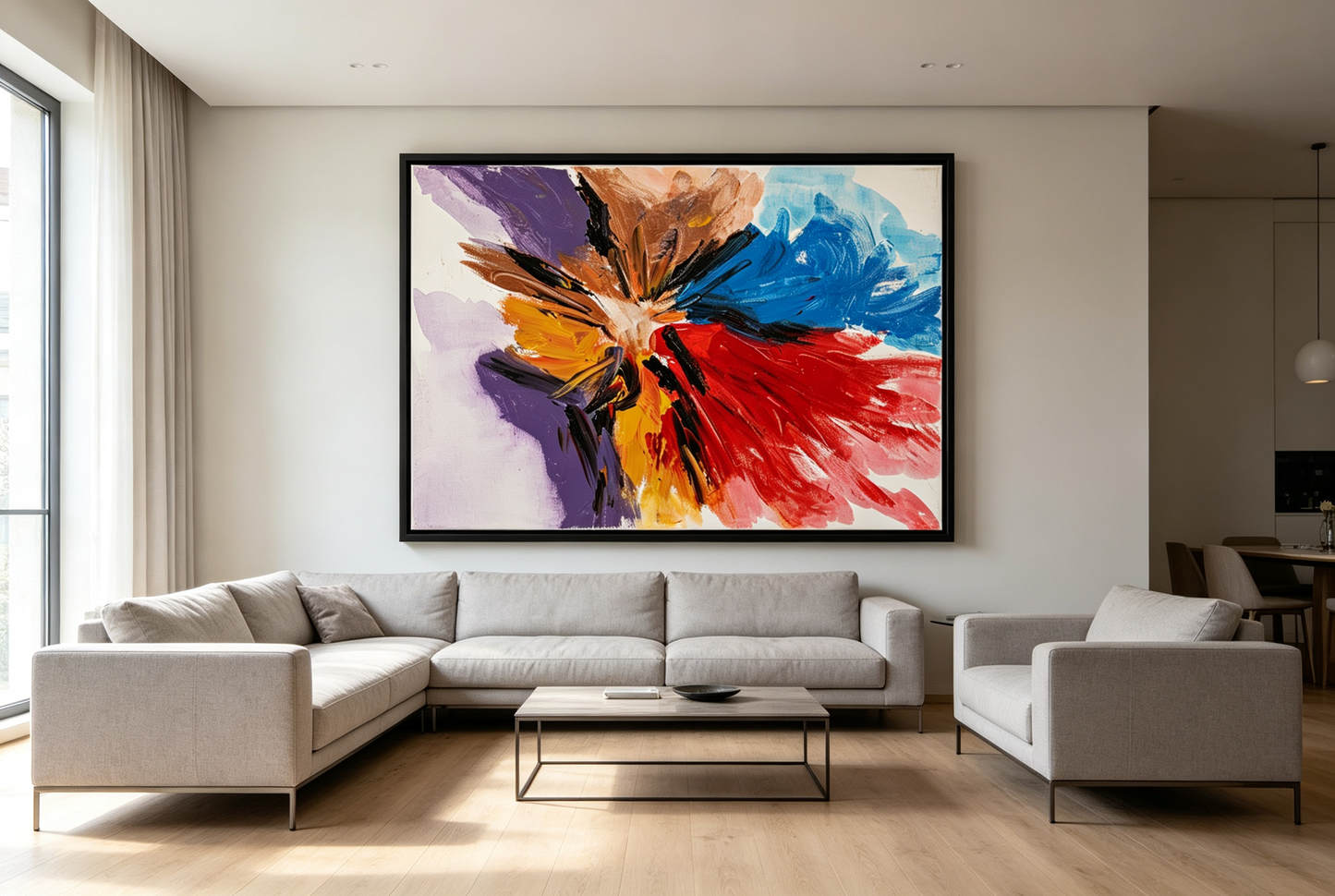 Abstract oil painting with radial red blue and purple petal-like strokes on white background