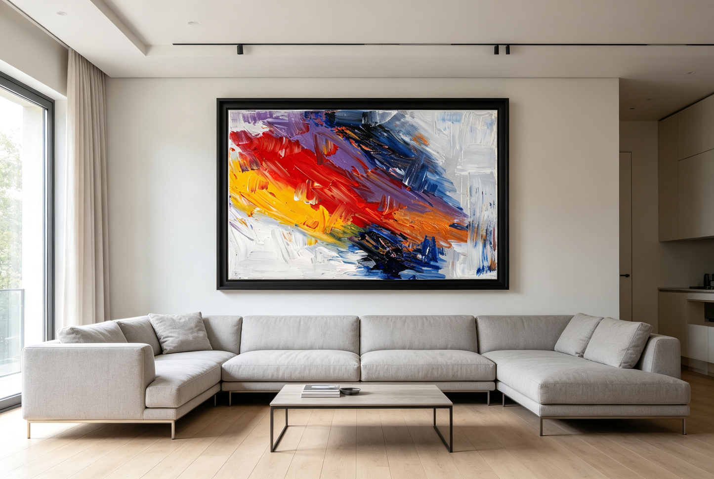 Abstract oil painting with sweeping red orange strokes against deep blue and purple background