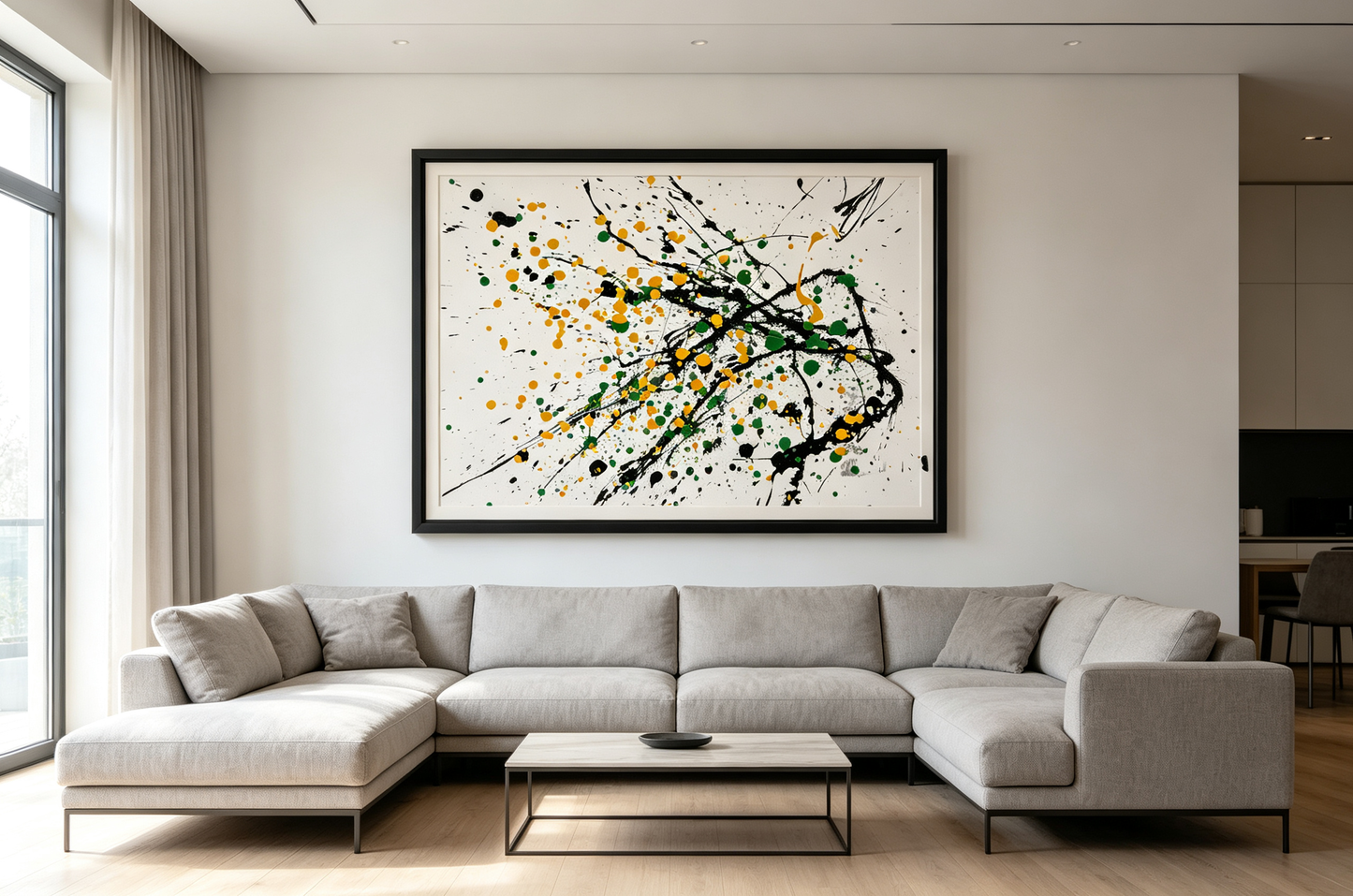 Abstract oil painting with green, orange-yellow and black dots scattered on light background