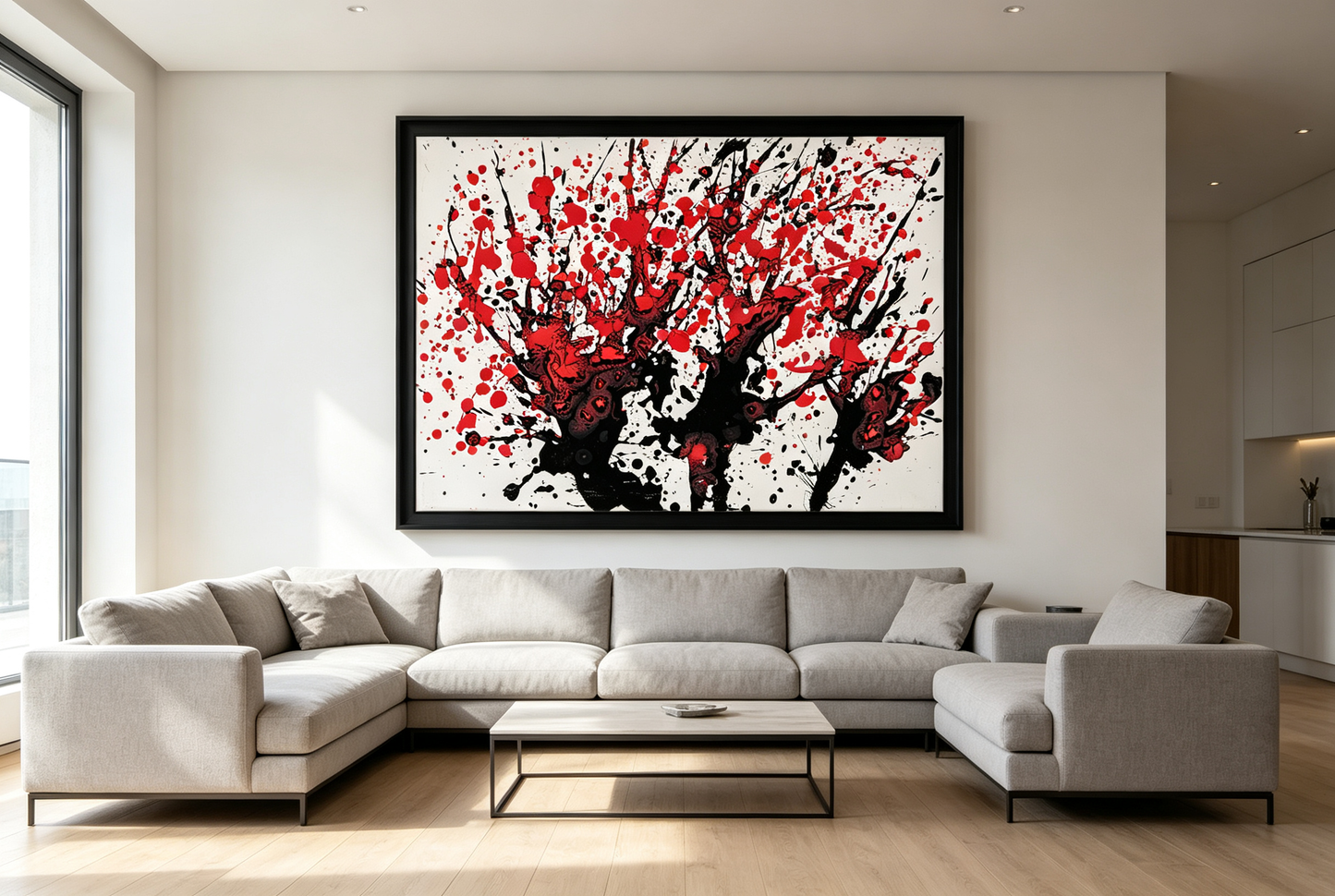 Abstract oil painting with black tree-like forms and red splashes on white canvas