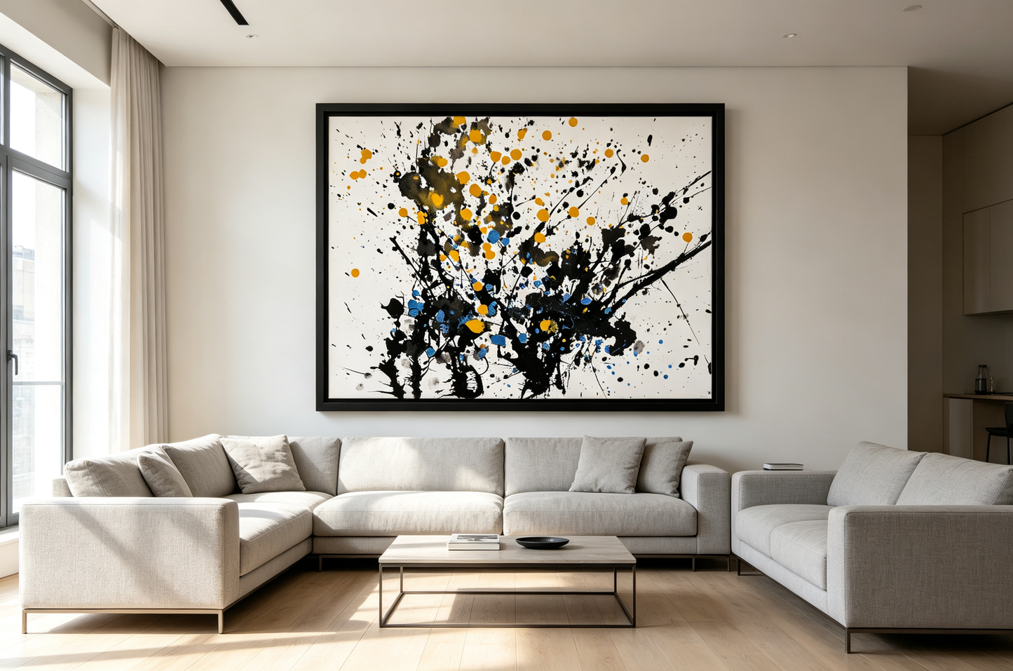 Abstract oil painting with branching black splashes and yellow blue dots on white