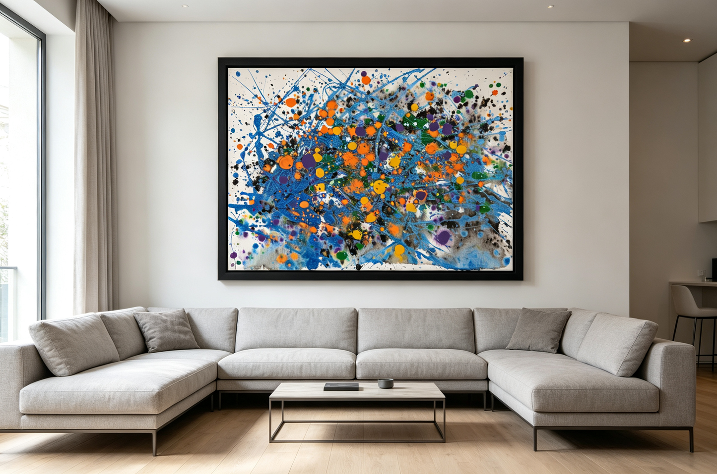 Abstract oil painting with a blue splash web and orange, purple, green, yellow dots