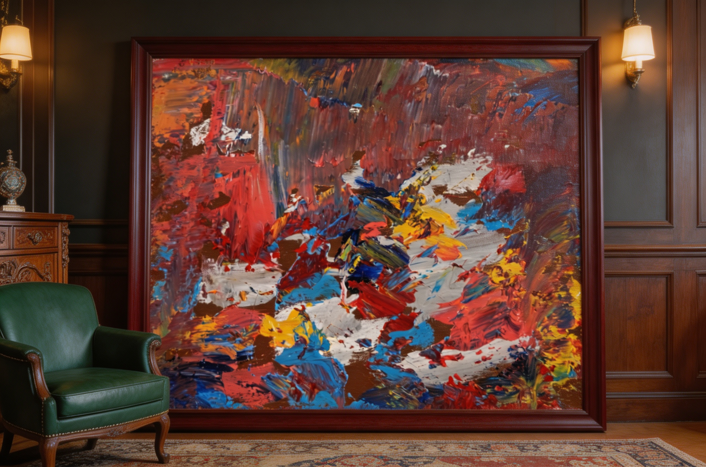 Abstract oil painting with thick layered strokes in deep red, cobalt blue, and golden yellow