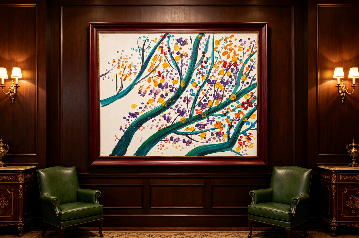 Oil painting of teal branches with colorful dotted blossoms in purple, yellow, and orange on white