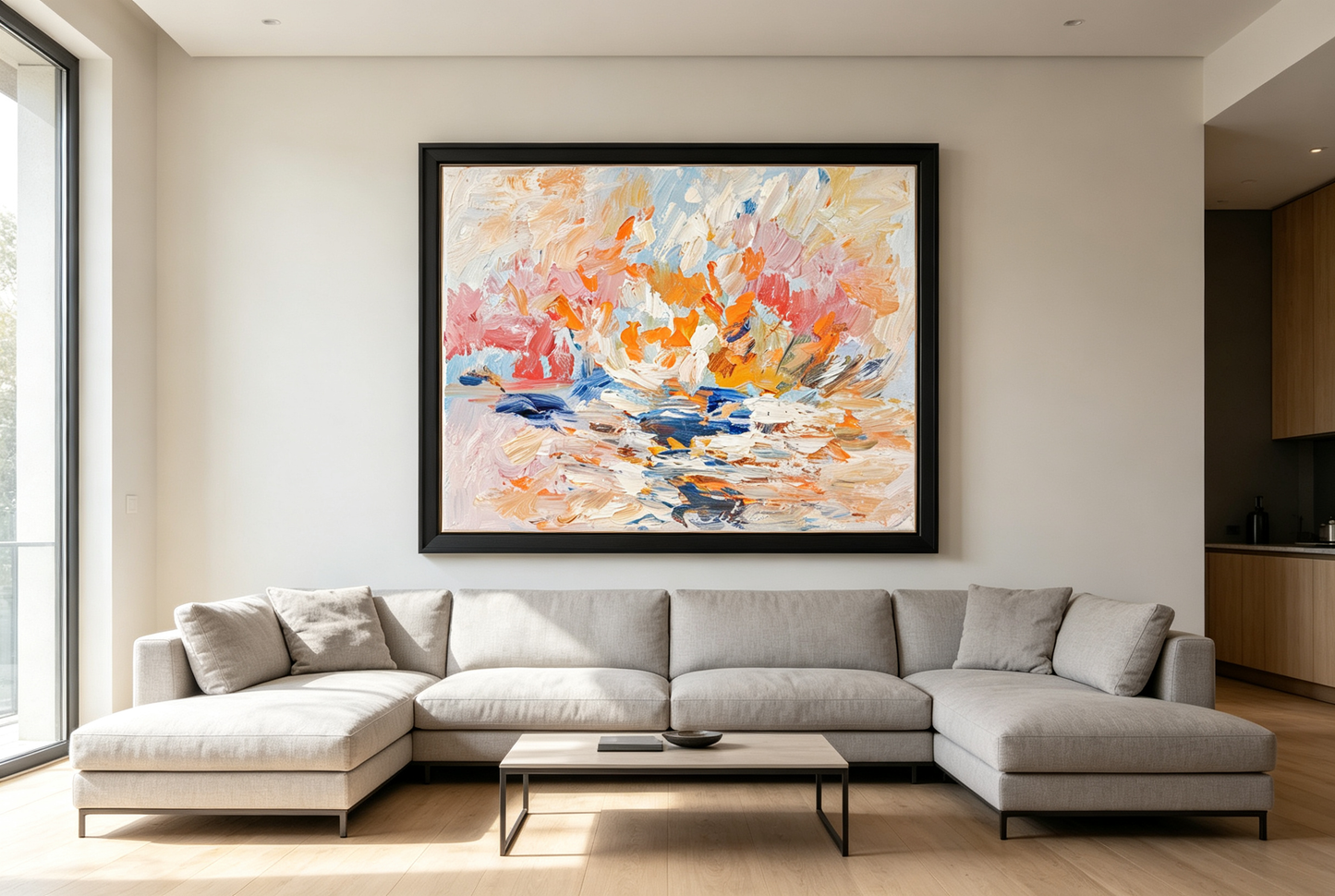 Impressionist abstract oil painting with soft pastel strokes in pink, peach, blue, and cream