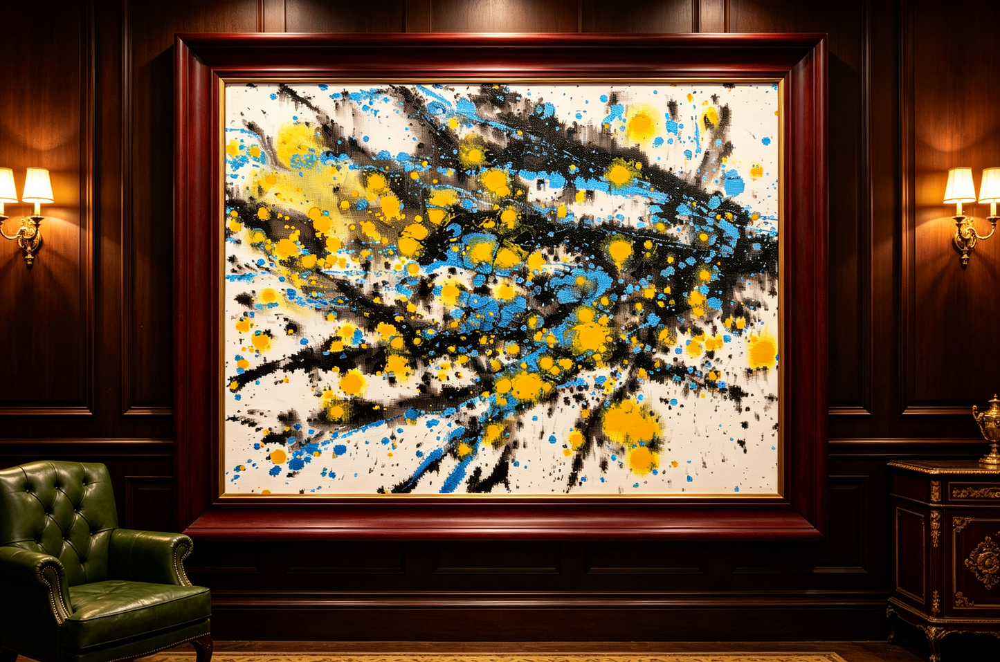 Abstract oil painting with flowing black strokes and yellow blue splatters on white canvas