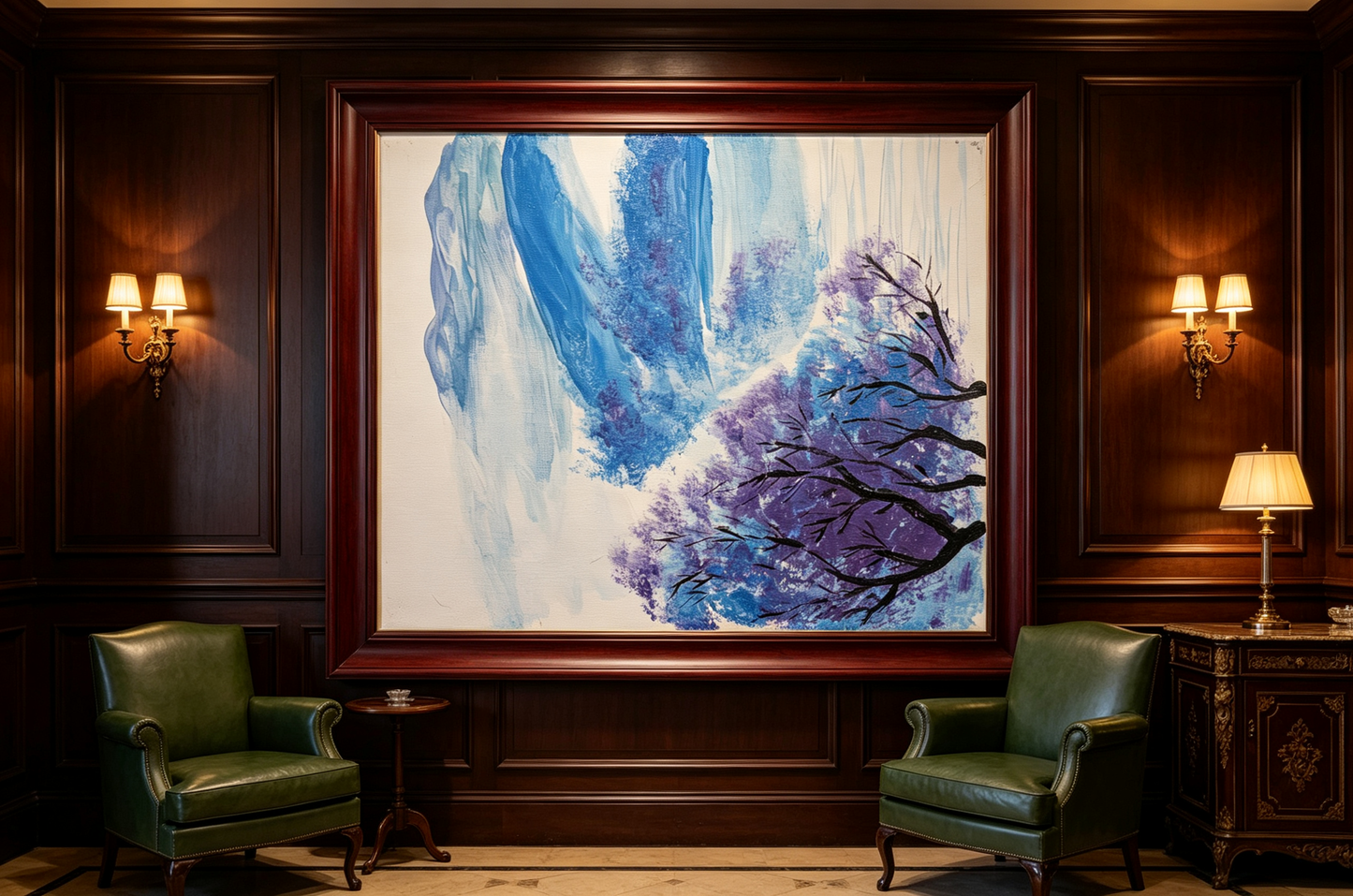 Abstract oil painting with blue and lavender background and dark purple tree branches