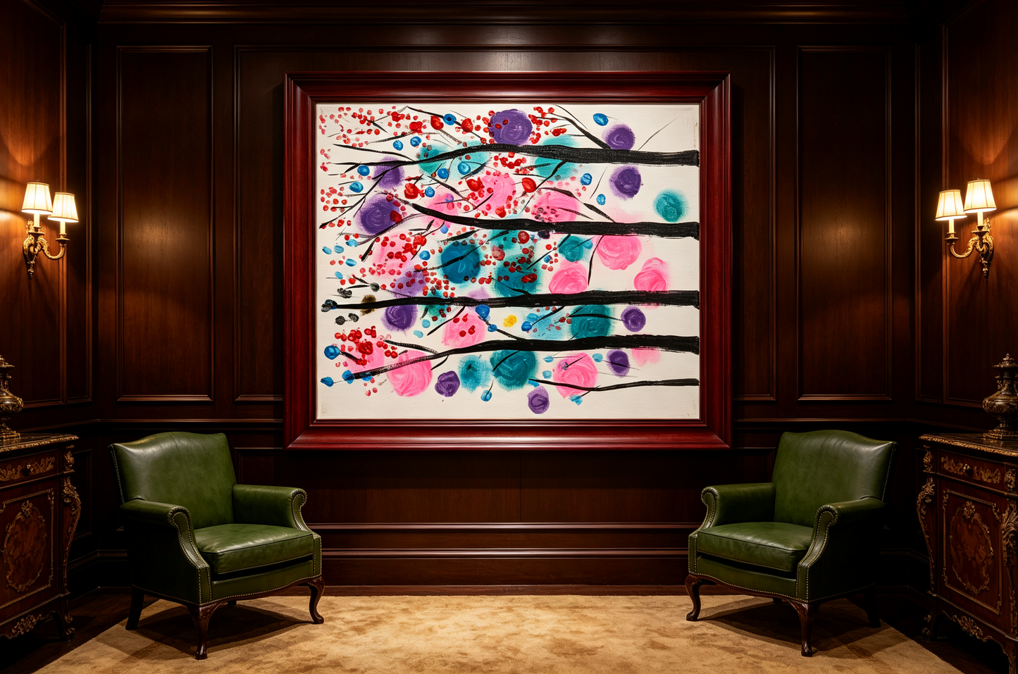 Abstract oil painting with colorful dots and bold black horizontal lines on white background