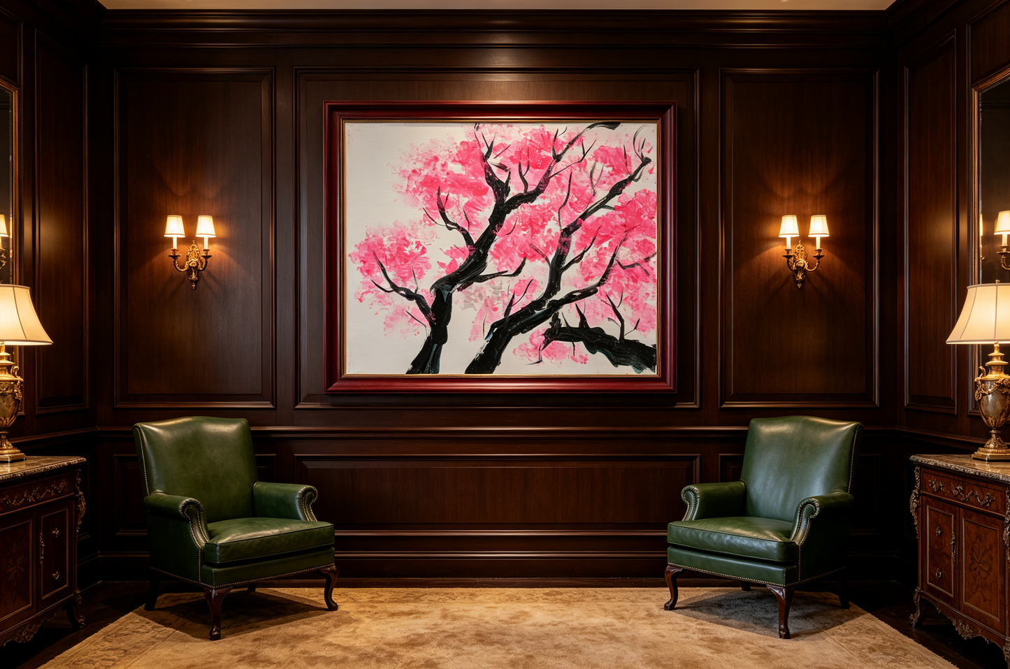 Minimalist oil painting with black tree branches on vibrant pink background
