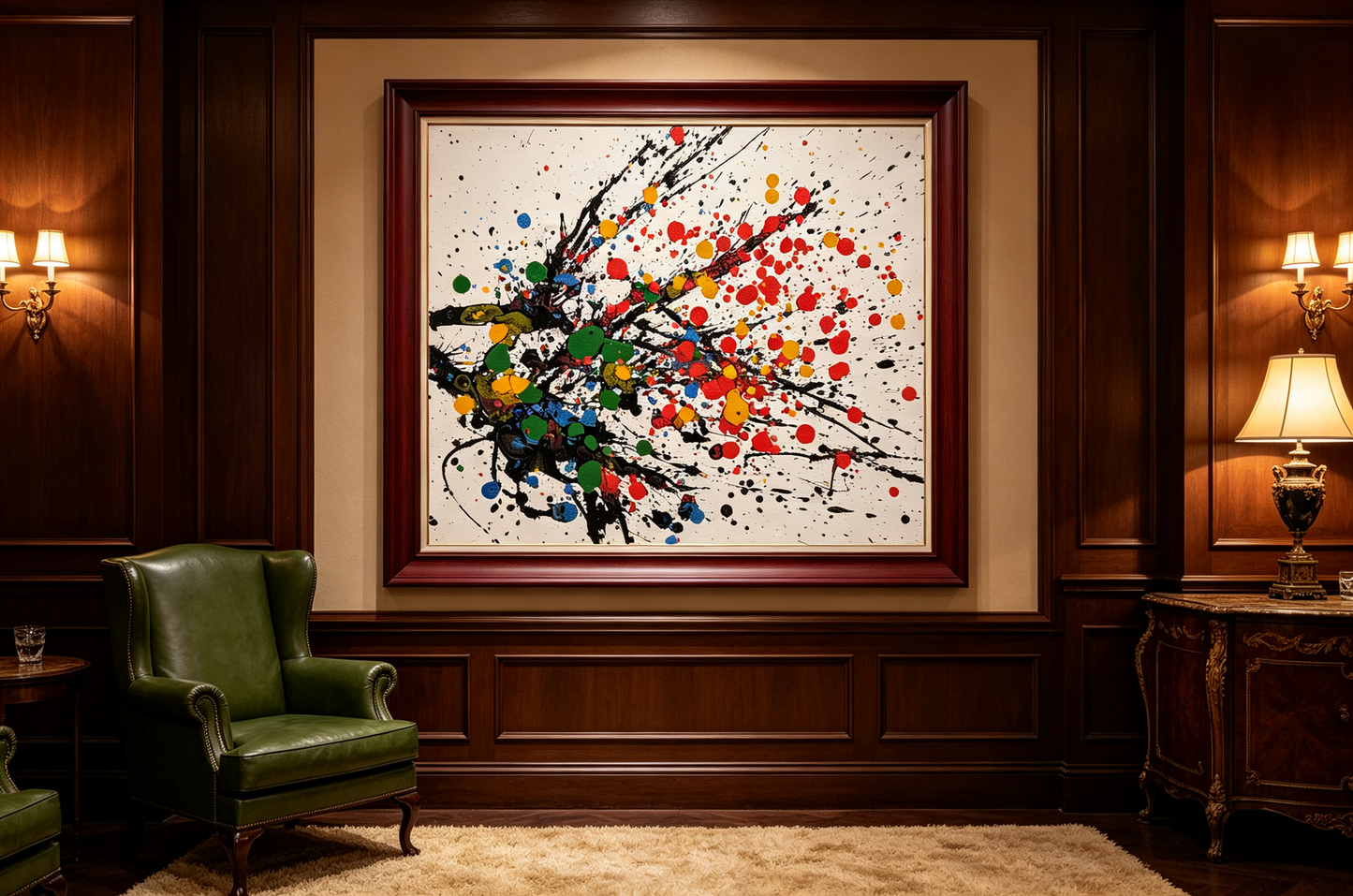 Abstract oil painting with black splashes and colorful dots on white background