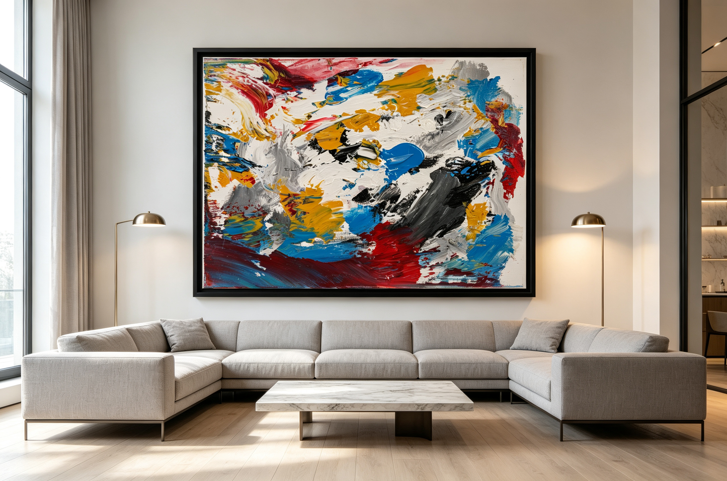 Abstract oil painting with bold multicolored brushstrokes on white canvas
