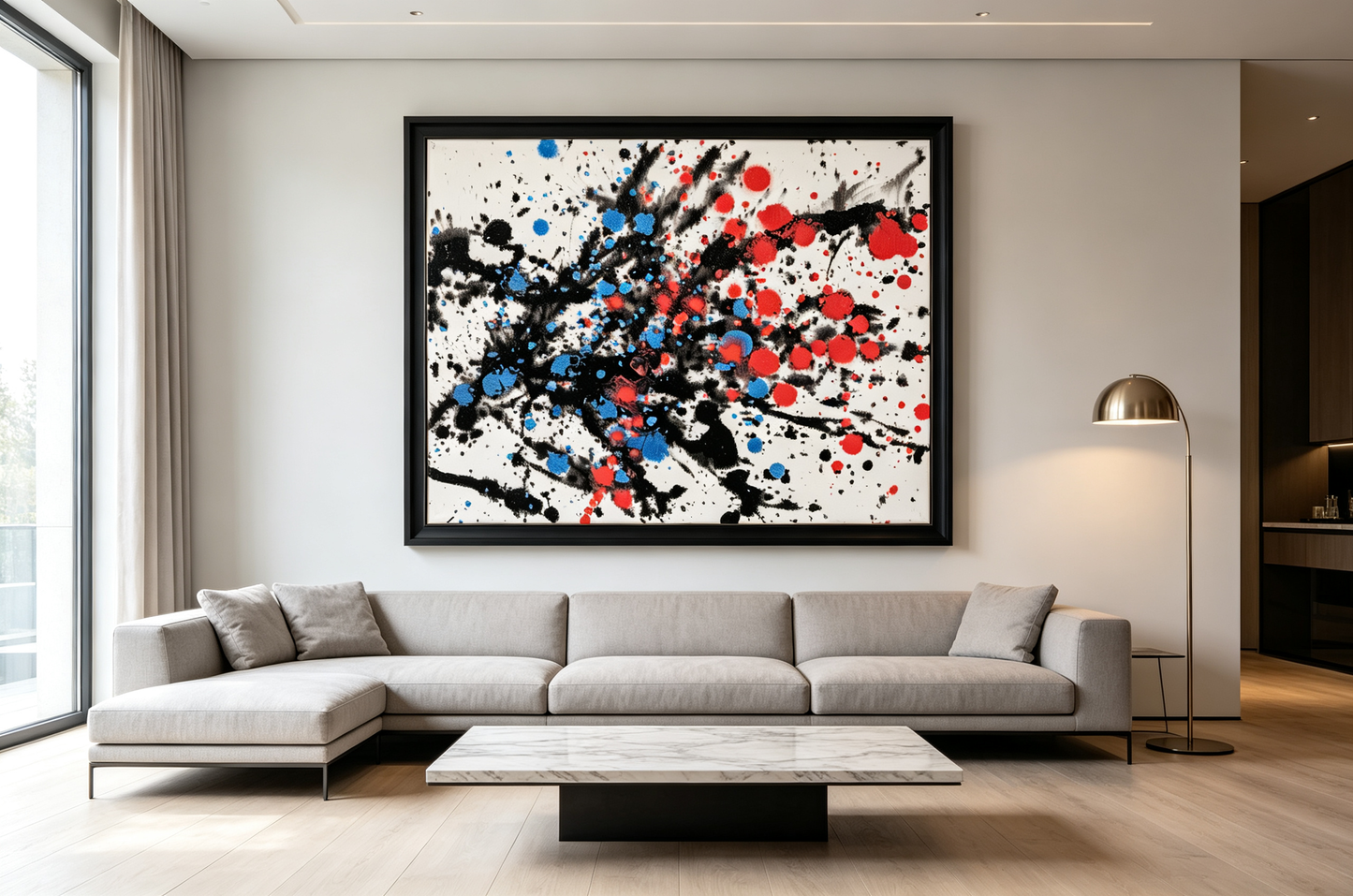 Abstract oil painting with black splashes and red blue dots on white background