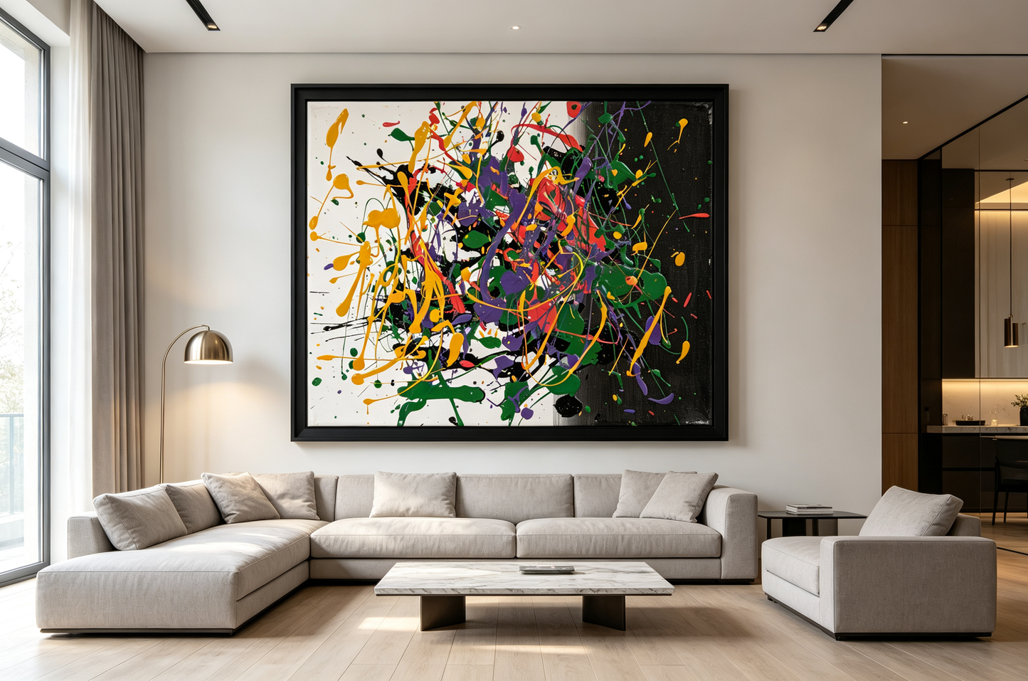 Abstract oil painting with colorful drips on white and black canvas