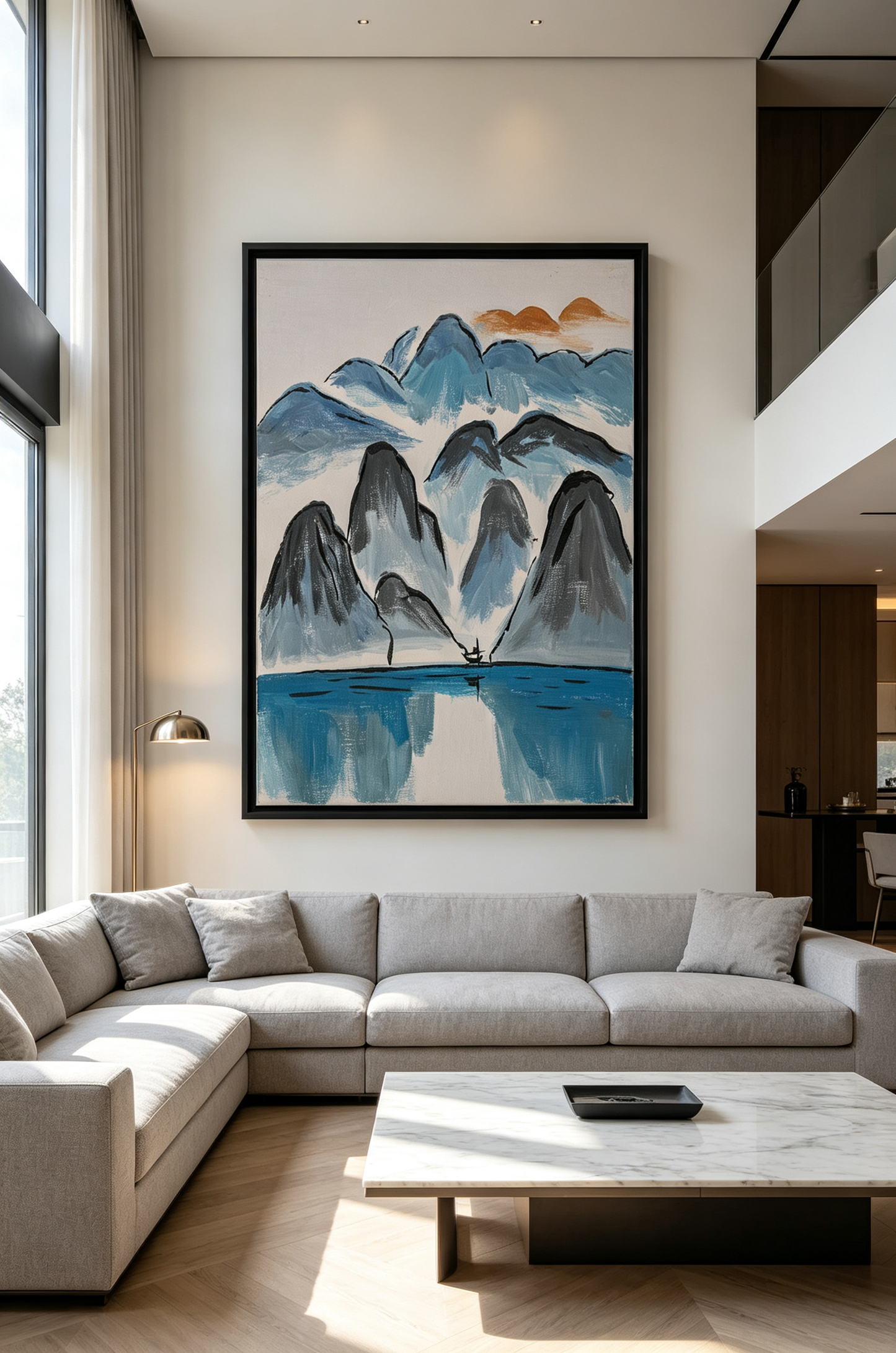 Oil painting of gray-blue mountains with a small boat on calm blue water