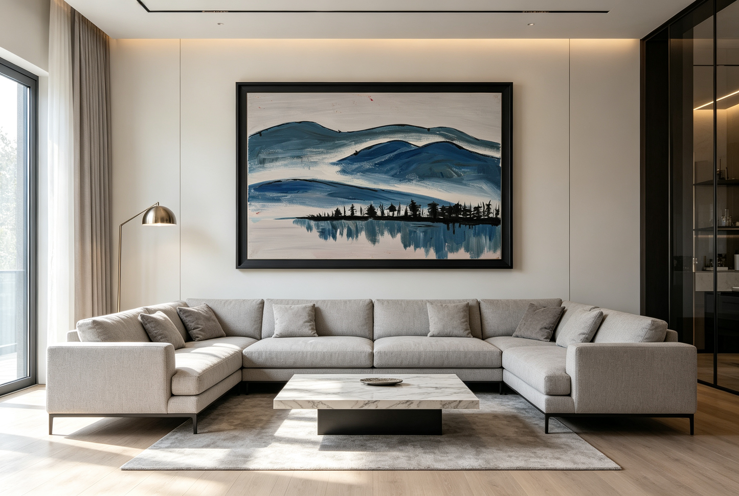 Oil painting of blue rolling ridges with dark tree silhouettes reflected in water