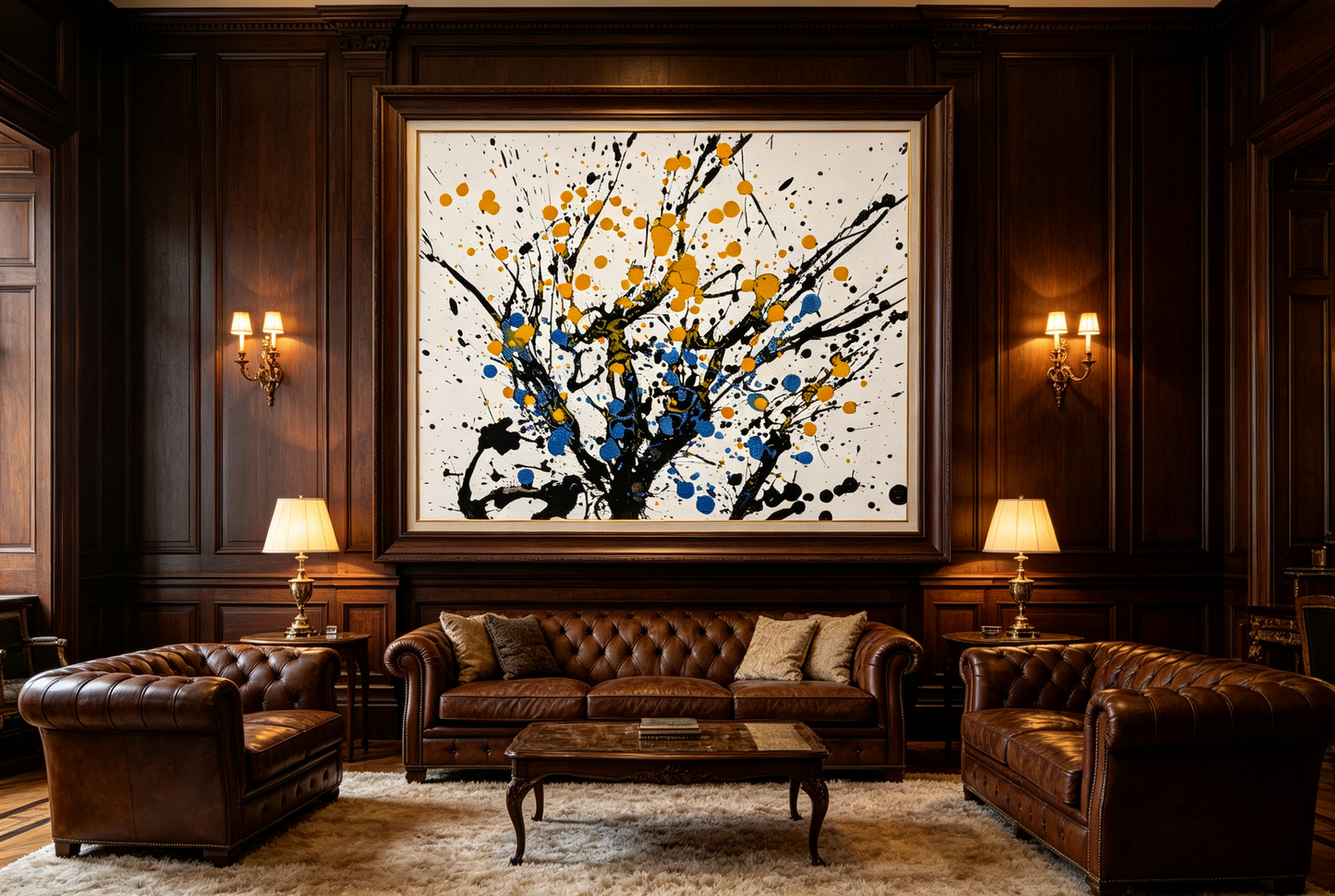 Abstract oil painting with black branching splatter lines and orange blue dots on white