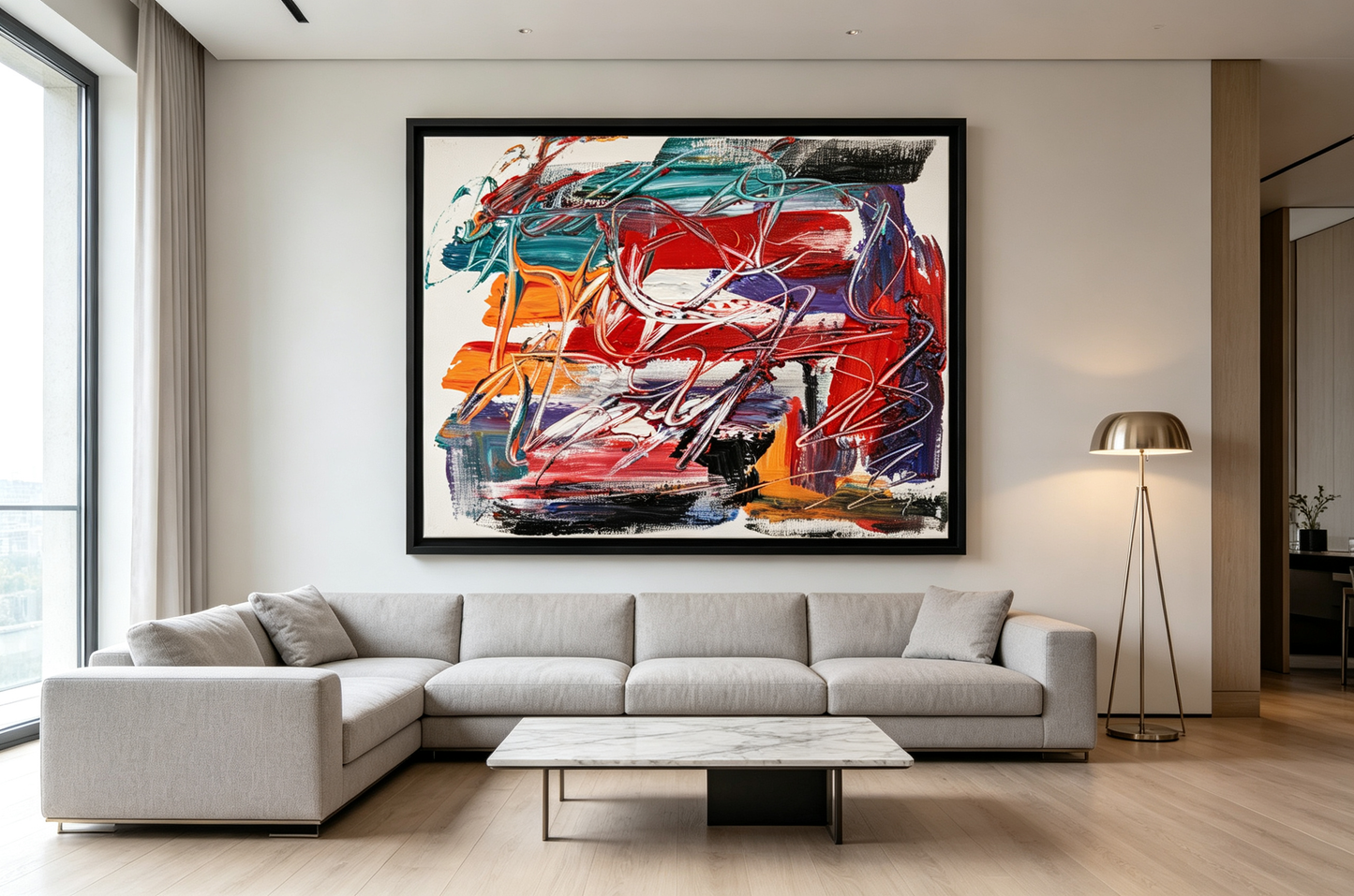 Colorful abstract oil painting with red orange teal purple blocks and white scribble lines