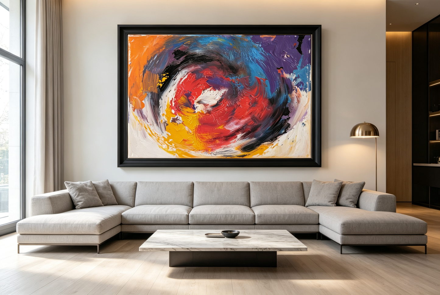 Abstract oil painting with a swirling red and orange center surrounded by purple, blue, and yellow brushstrokes.