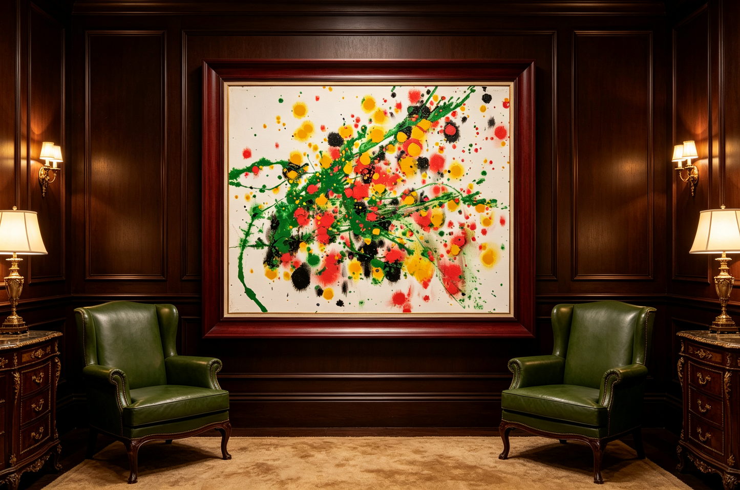 Abstract oil painting with green, yellow, red, and black splatters and dots on a white background.
