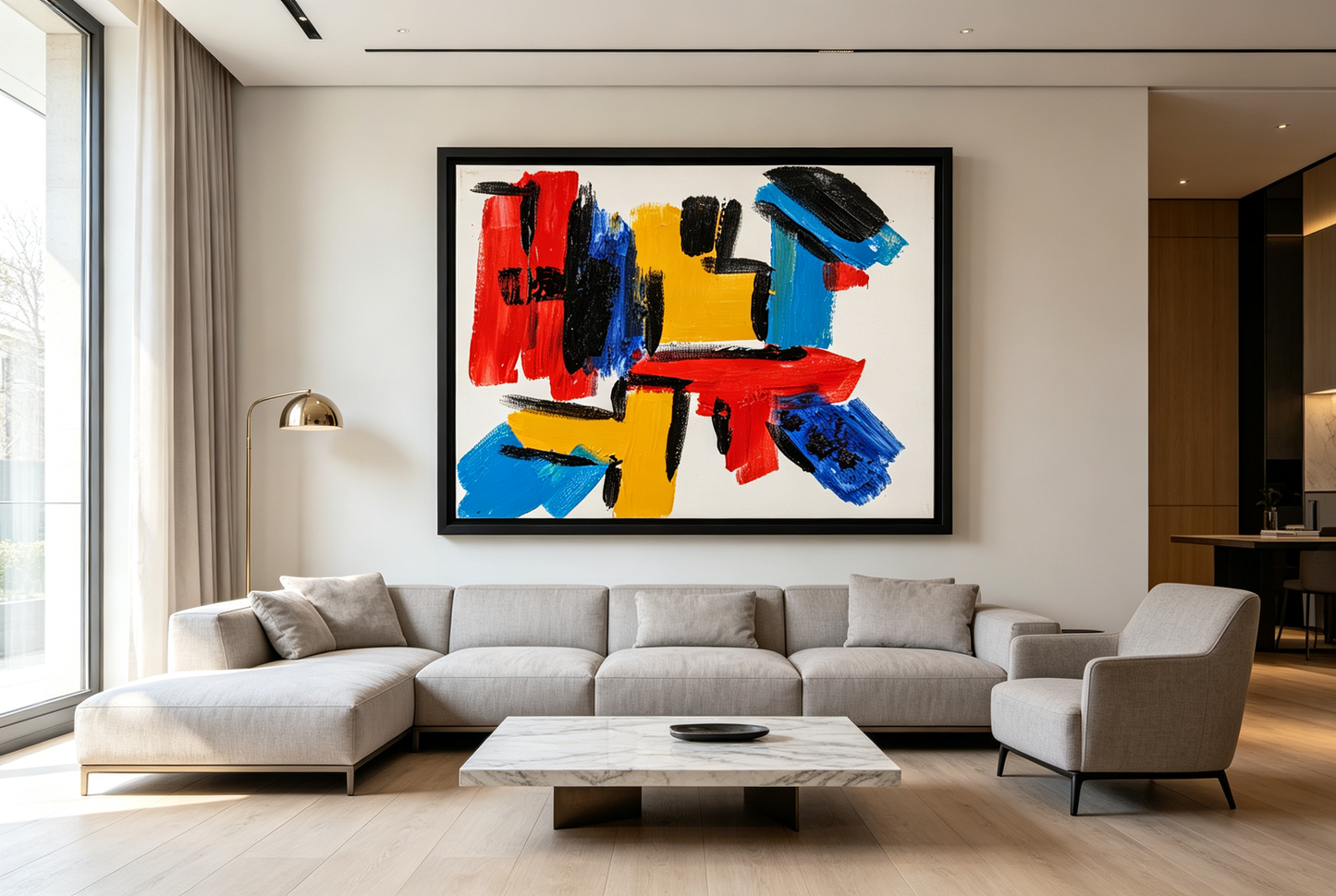 Abstract oil painting with bold geometric blocks of red, yellow, blue, and black on a white background.