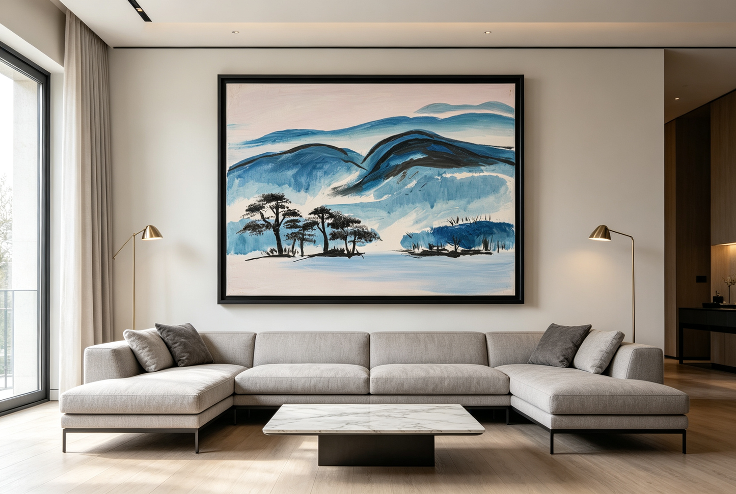 Landscape oil painting with blue mountains and dark trees in a serene, minimalist style.