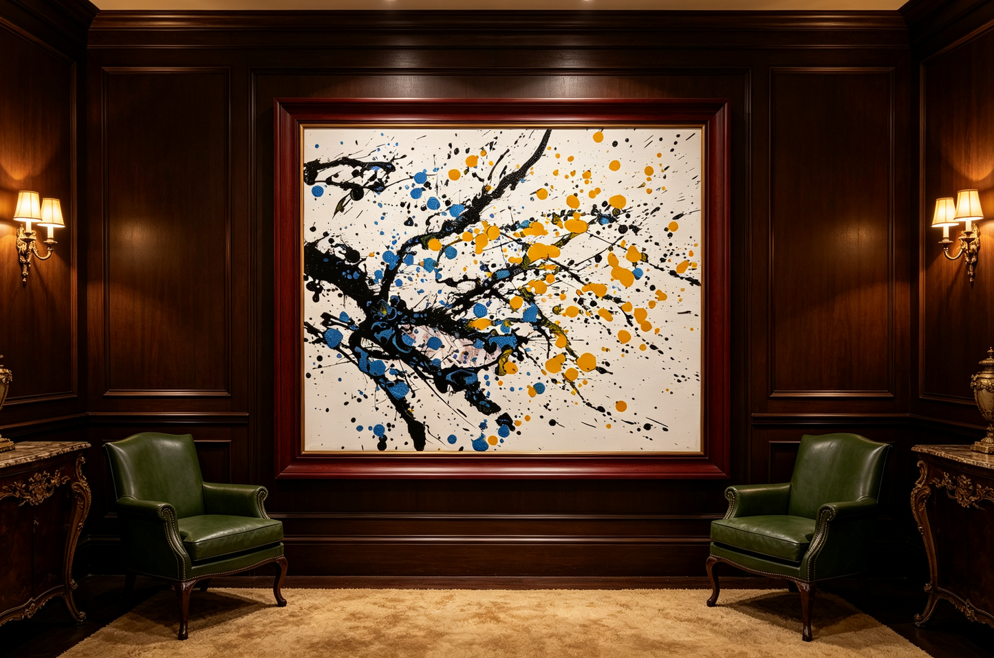 Abstract oil painting with black branching strokes and blue yellow splatter dots
