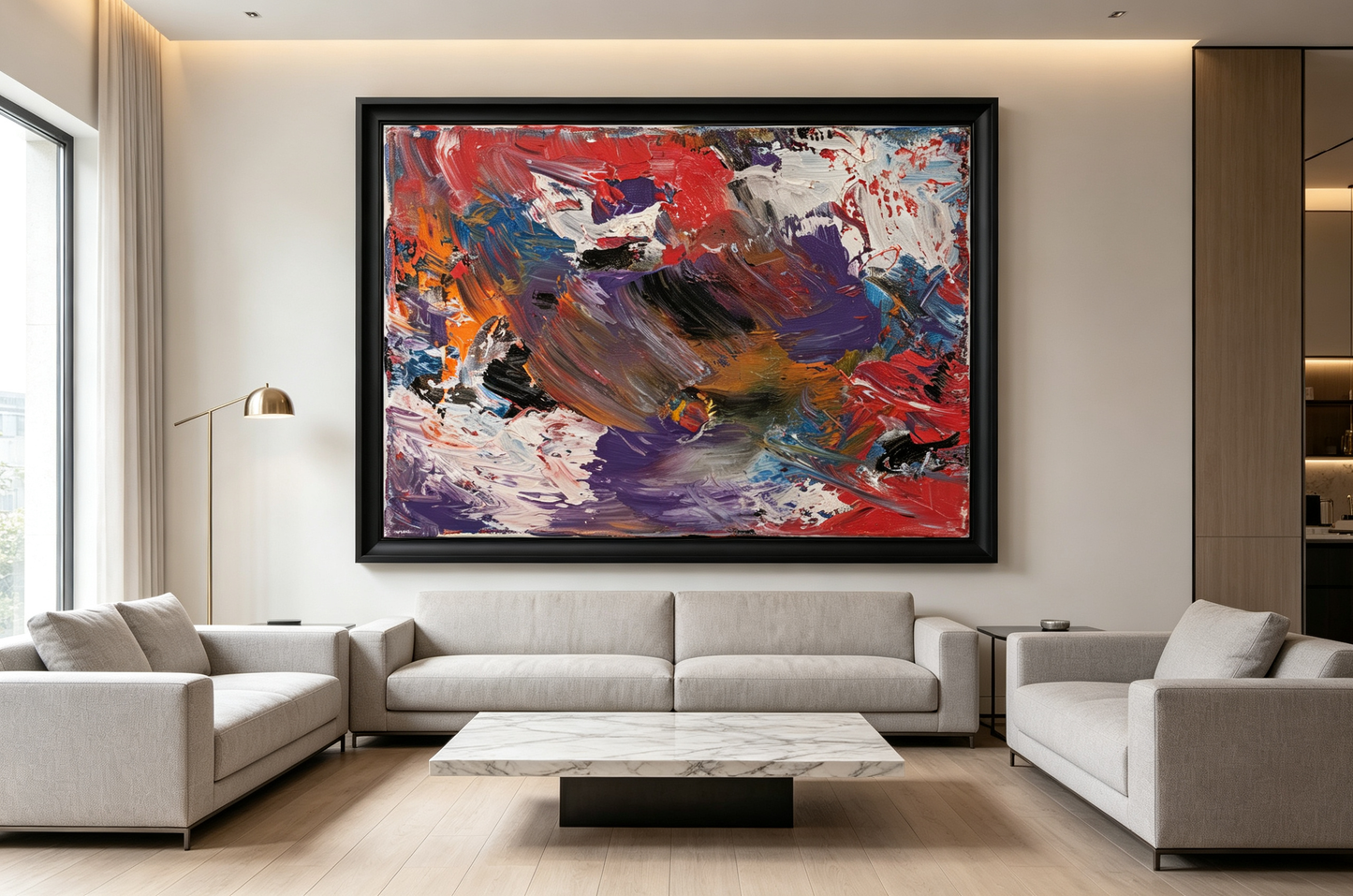 Thick impasto abstract oil painting in red purple orange and blue