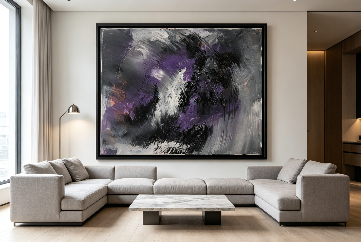 Abstract oil painting in gray, black, and violet with radiating white strokes