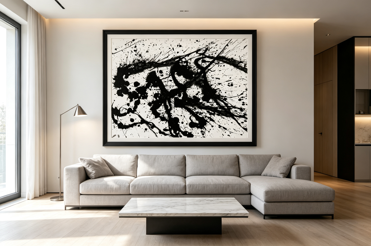 Abstract oil painting with black splashes and drips radiating across white canvas