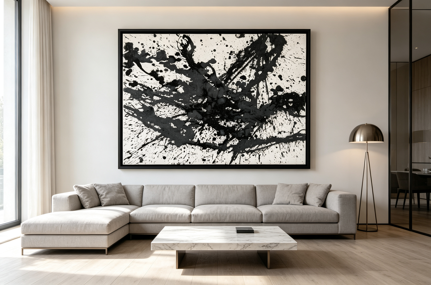 Abstract oil painting with black and gray explosive splatter pattern on light ground